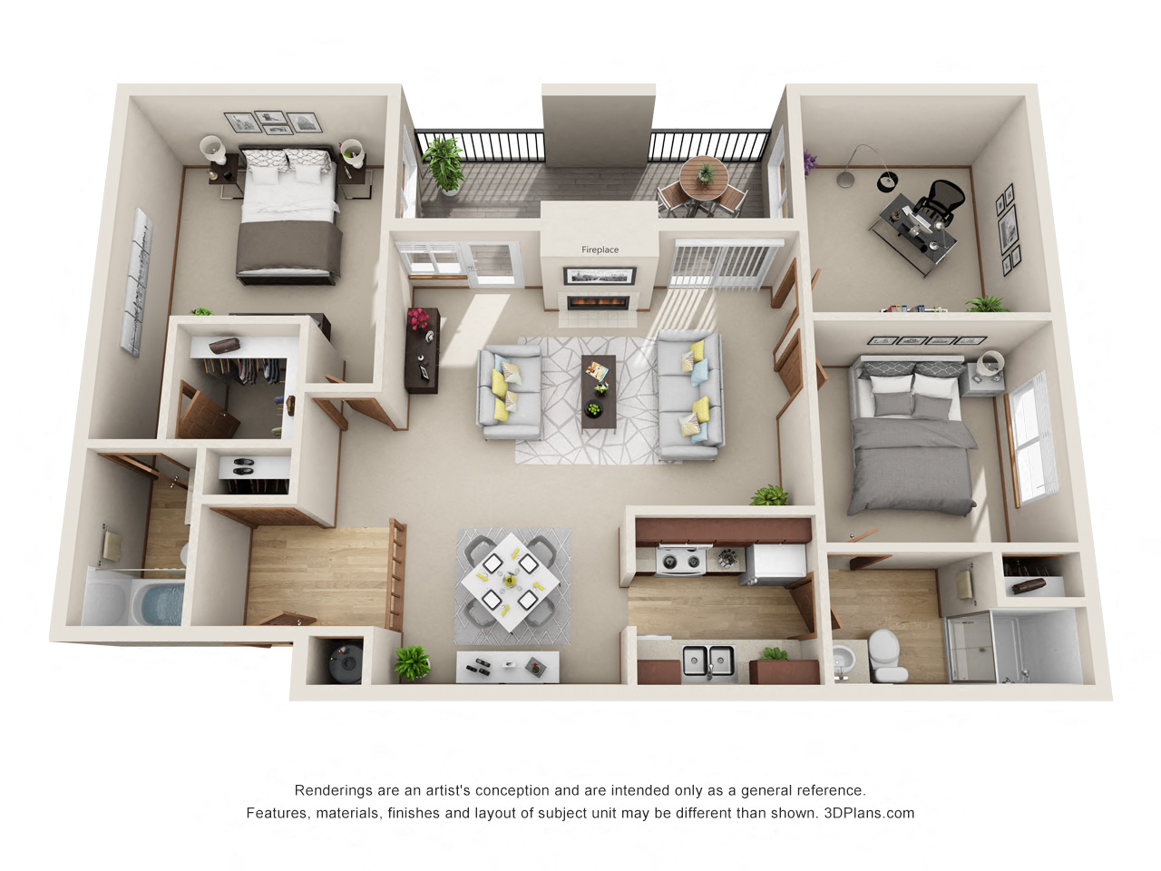 Floor plan for 2 beds, 2 baths, 1400 sqft